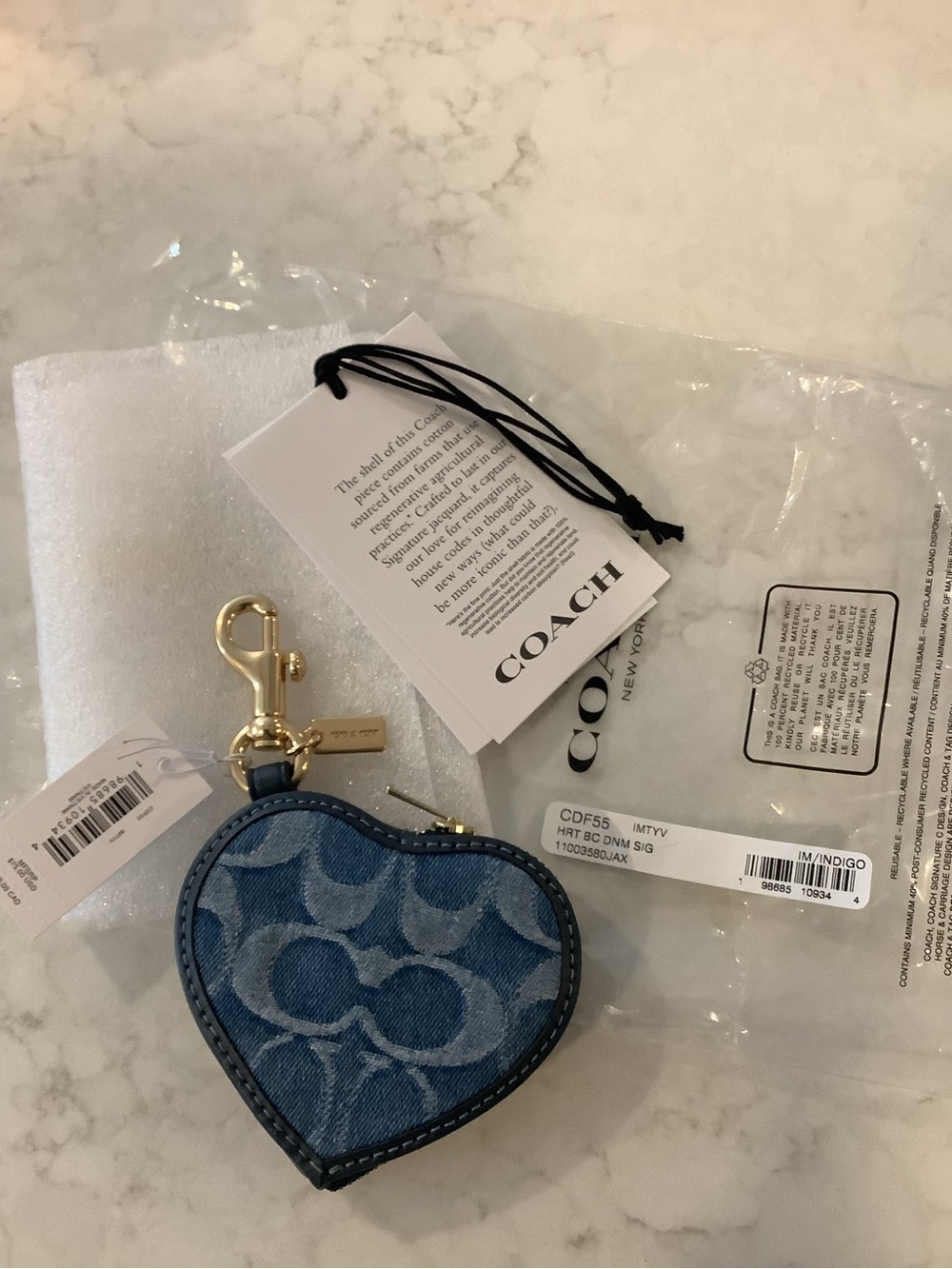 COACH Denim Signature Heart Zip Coin Pouch Key Ring with Gold Hardware - Picture 6 of 8
